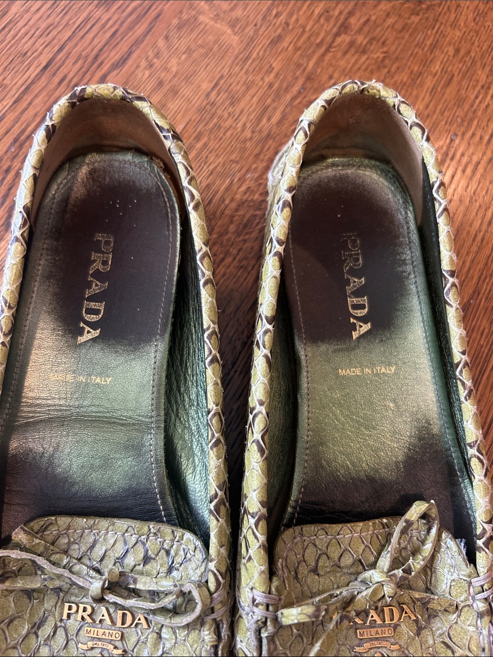 Prada Olive Green Snakeskin Loafers with Gold Logo 38 - Picture 3 of 6